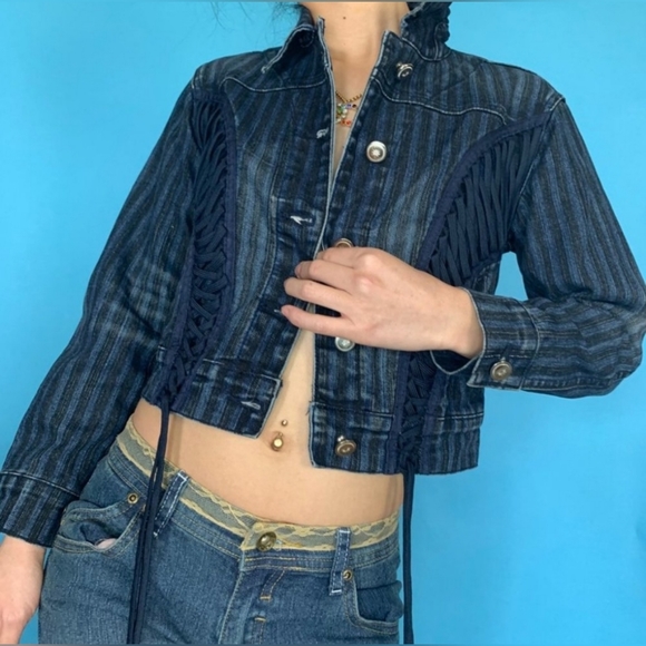 🆕️Y2k Crest Striped Lace Up Demin Cropped Jacket NWT Sz L - Picture 3 of 14